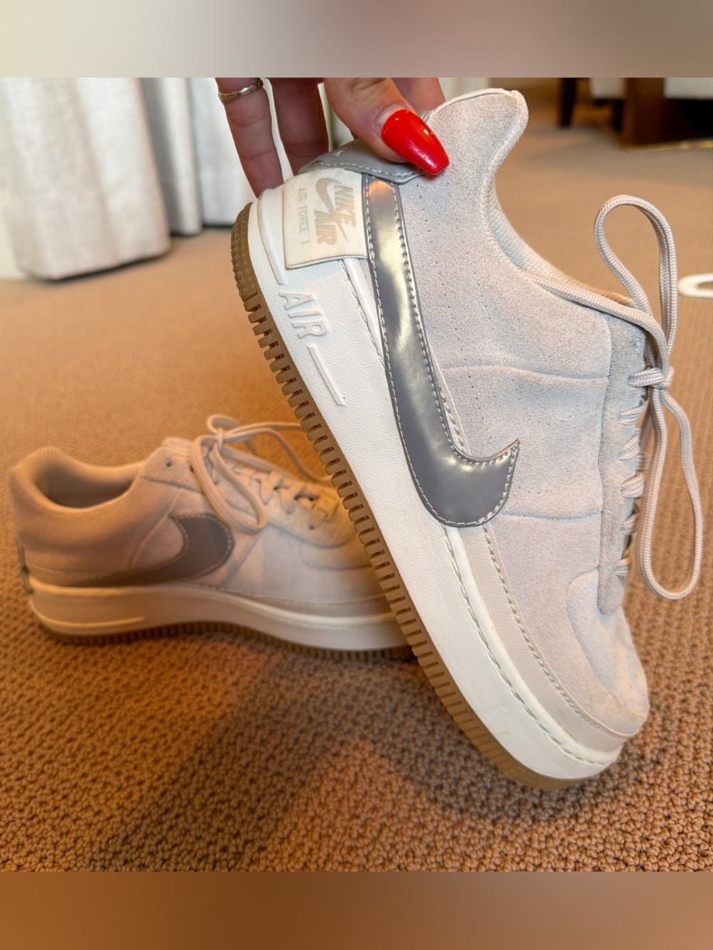 Nike Air Force 1 Low Suede Sneakers - Light Beige with Gray Swoosh, Size 10